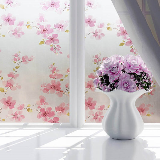 90*200cm Opaque and Frosted Peach Blossom Print Window Film Bathroom Film Water-proof and Dust-proof Good Privacy