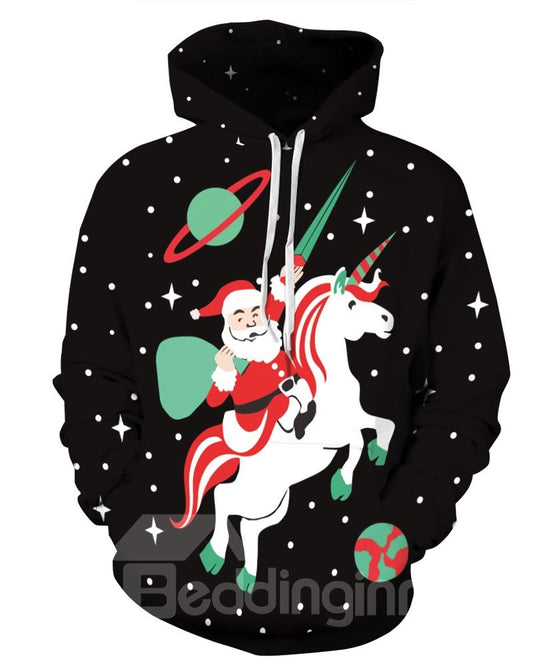 Sudadera con capucha pintada en 3D con estampado navideño de Papá Noel y unicornio de manga larga