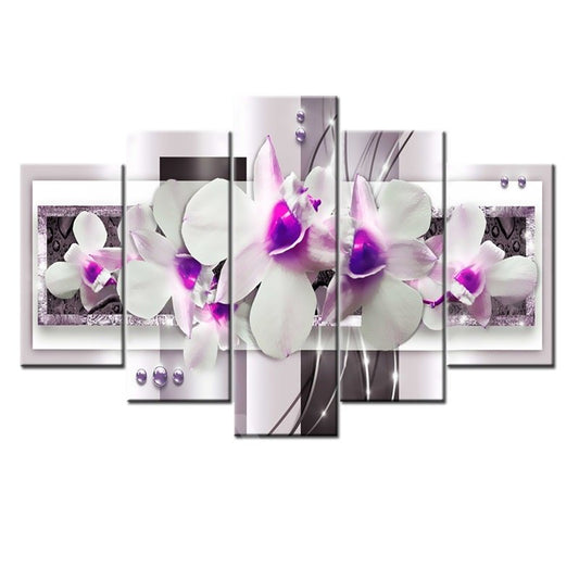 Patrón de orquídea lila, 5 piezas, lienzo colgante, impresiones de pared enmarcadas ecológicas impermeables