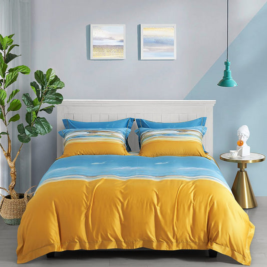 Modernes, luxuriöses 4-teiliges Bettbezug-Set aus Baumwolle in Gelb und Blau, 1 Bettbezug mit Strandmuster, 1 Bettlaken, 2 Kissenbezüge, weich, bequem, langlebig 