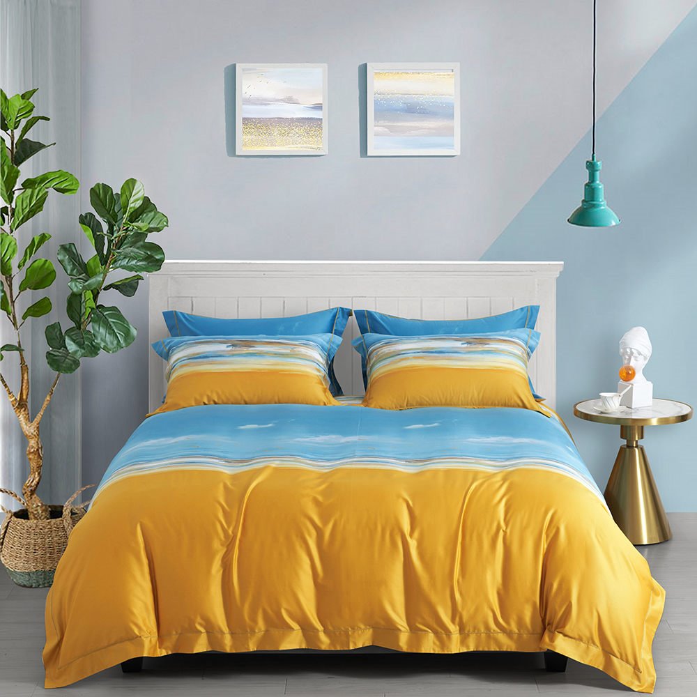 Juego de funda nórdica de lujo moderno de 4 piezas, juego de cama de algodón amarillo y azul, 1 funda nórdica con patrón de playa, 1 sábana plana, 2 fundas de almohada, suave, cómodo y duradero 