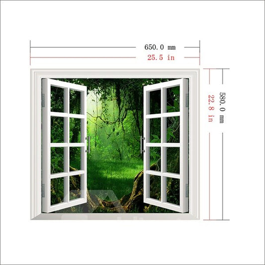 Adhesivo de pared 3D extraíble con vista de ventana de bosque grueso de dibujos animados 
