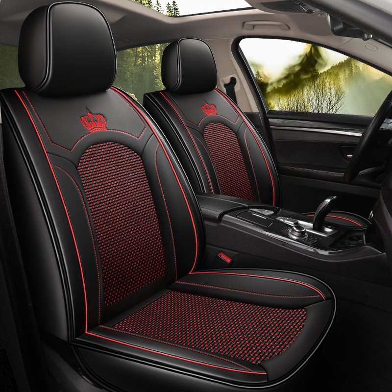 Simple Style Crown Pattern Luxury and Beauty Combination of Wear-resistant Leather and Breathable Ice Silk Material 5 Seats Universal Fit Seat Covers