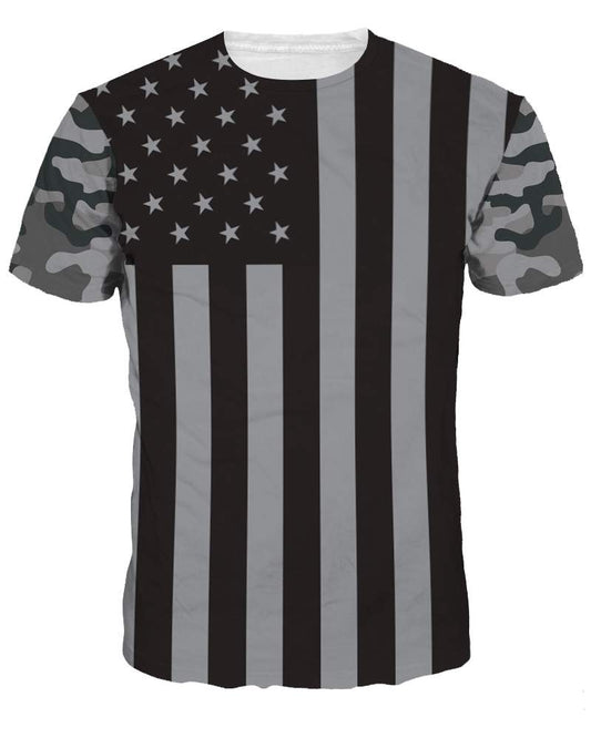 Camiseta pintada en 3D con cuello redondo y fragmento gris de patrón americano 