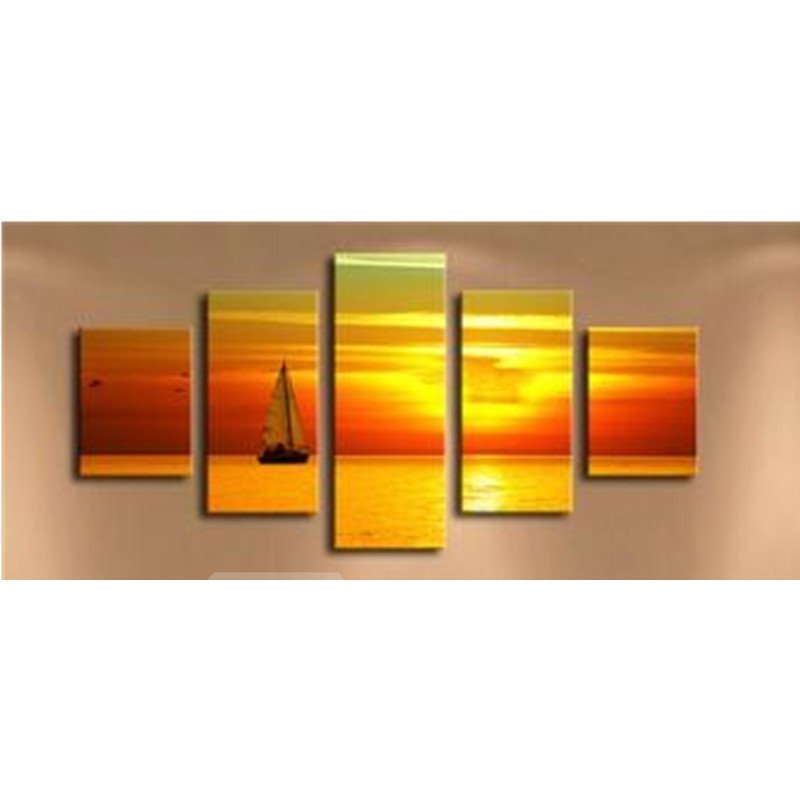 Yacht in Golden and Red Sunset Hanging 5-Piece Canvas Eco-friendly Waterproof Non-framed Prints