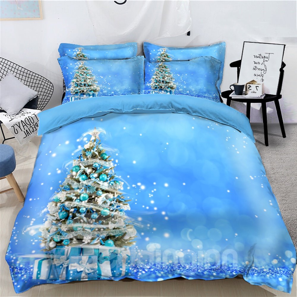 Árbol de Navidad y regalos Juegos de cama / fundas nórdicas de 4 piezas en 3D azul claro