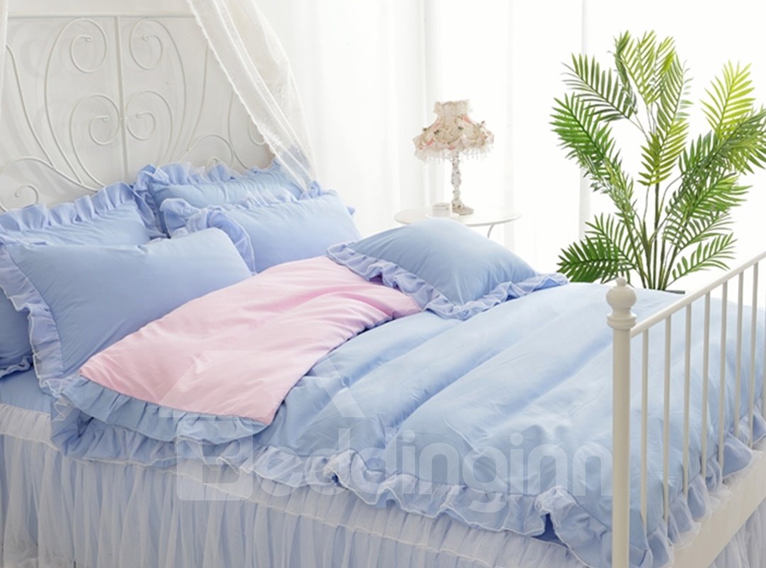 Juegos de cama/funda nórdica de 4 piezas para niña de algodón de estilo simple con encaje azul y rosa