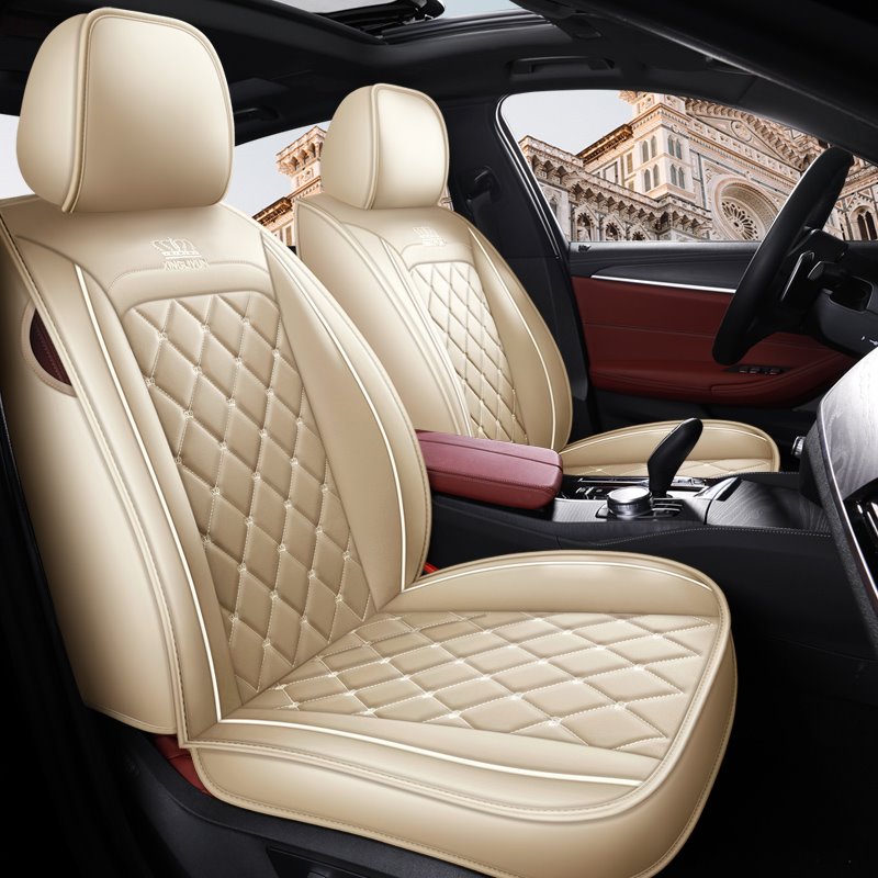 Durable Leather 5 Seats Trendy Diamond Lattice Pattern Security No Odor Stain Resistant Wear Resistant Full Coverage Fully Compatible With Side Airbags Universal Seat Covers for Auto Truck Van SUV