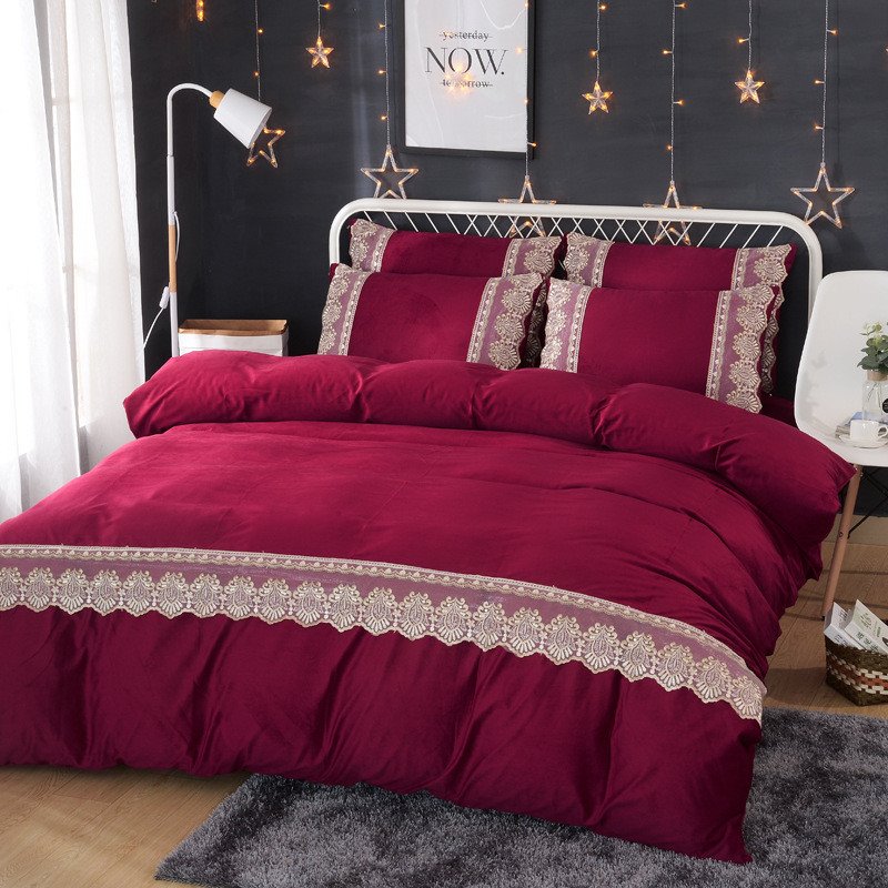 4-teiliges Plüsch-Bettwäsche-Set/Bettbezug-Set mit einfacher Spitze im europäischen Stil, warme, einfarbige, flauschige Bettwäsche 