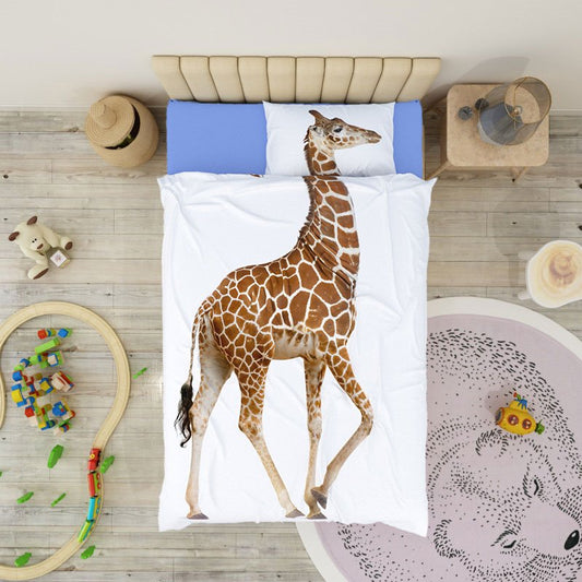 4-teiliges Bettbezug-Set mit Giraffe, 3D-Tierdruck, Bettwäsche, verschleißfest, atmungsaktiv, hochwertiger 60er-Jahre-Baumwollsatin, weich und bequem, Blau 