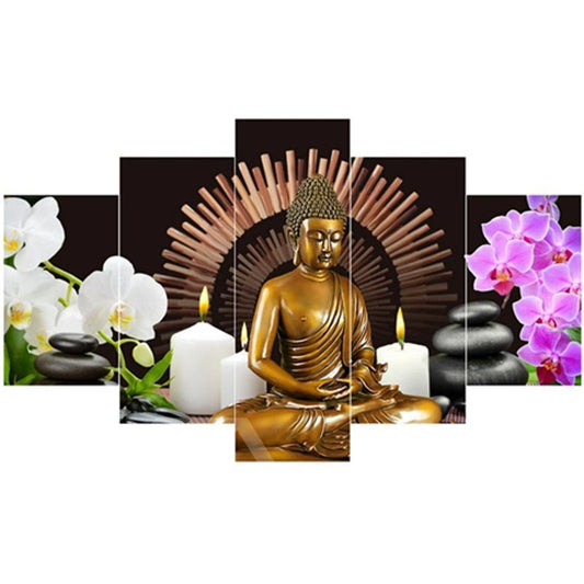 Buddha- und Blumenmuster zum Aufhängen, 5-teilige Leinwand, umweltfreundliche und wasserfeste, nicht gerahmte Drucke