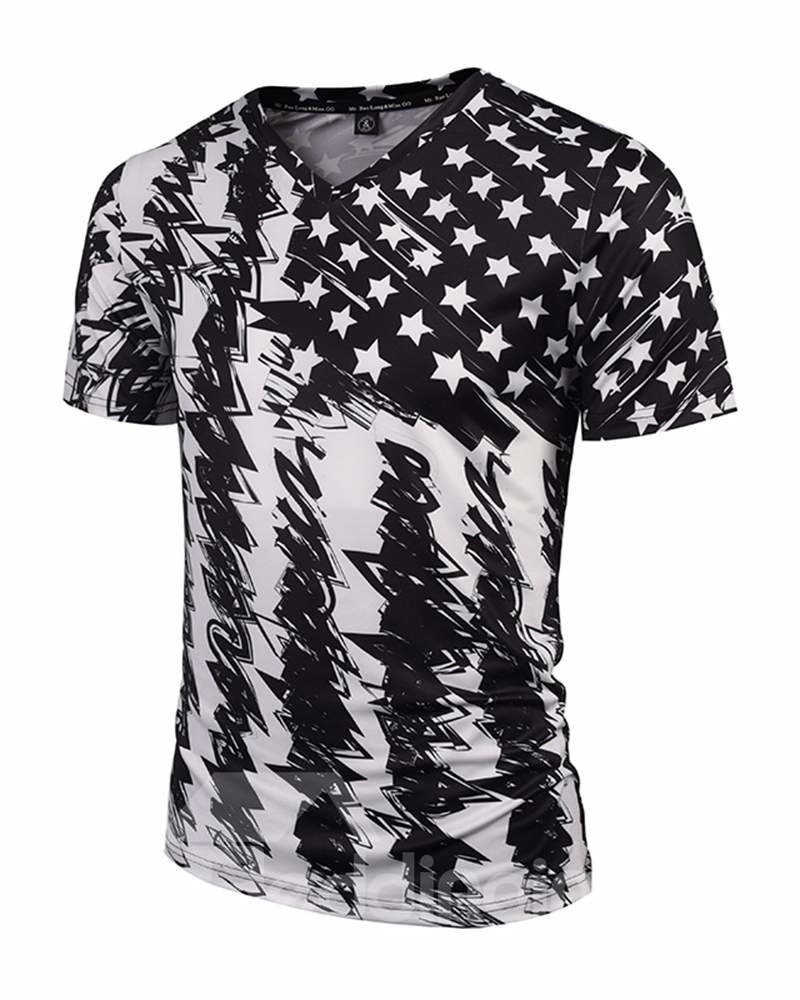 Cooles 3D-bemaltes T-Shirt mit V-Ausschnitt, speziellem Streifen- und Sternenmuster