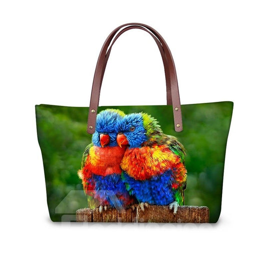 Sweetie Couple Colorful Parrot Waterproof Sturdy 3D Printed for Women Girls Shoulder HandBags