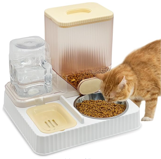 Fhiny Gravity Cat Feeder & Water Dispenser, 2 in 1 Automatic Puppy Waterer Removable Stainless Steel Food Bowls Set Self Feeding Pet Food Storage for Cat Kitten Puppy Easy Clean (Yellow)