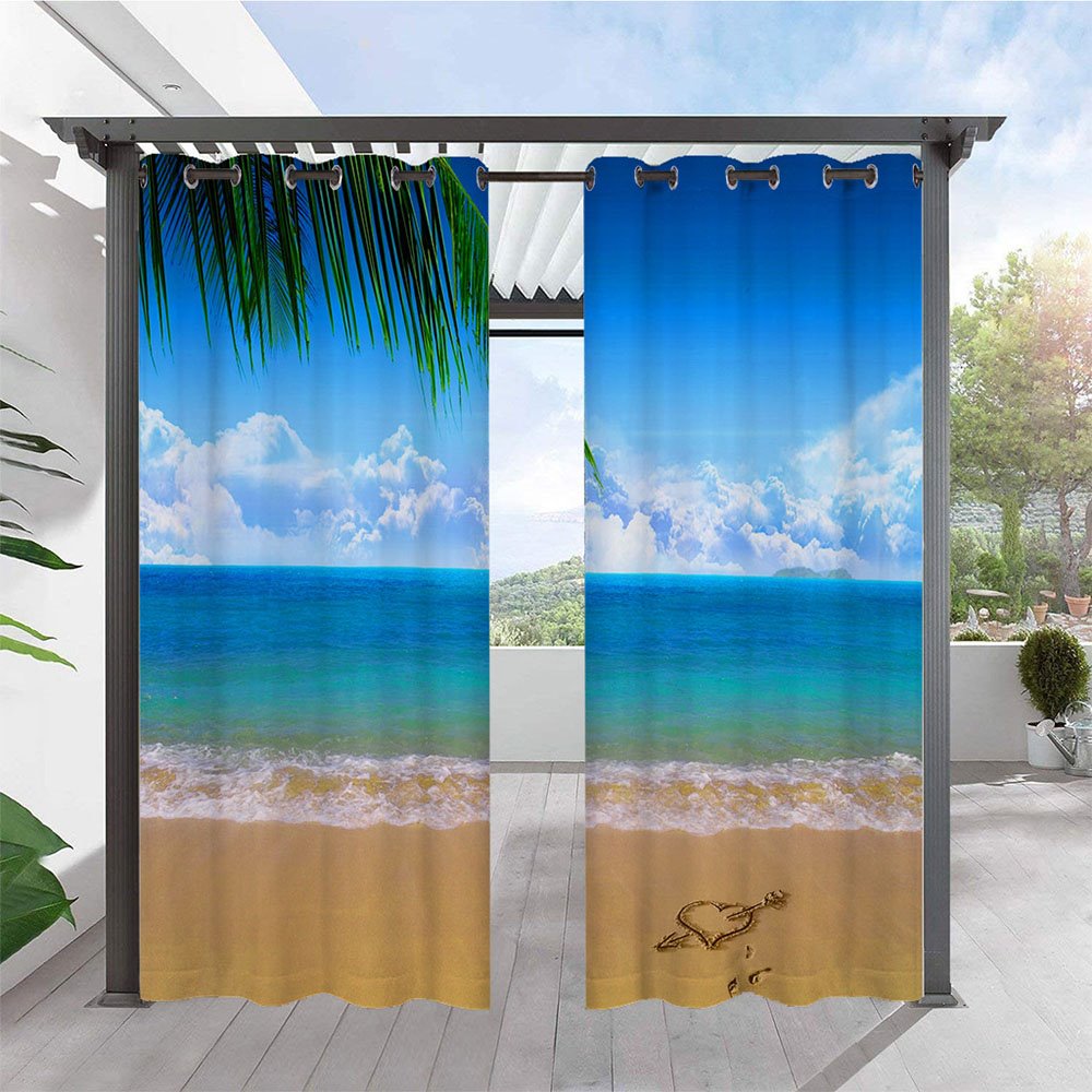 Cortinas modernas azules 3D para exteriores, cortina con ojales en la parte superior de la playa con vistas al mar, impermeable, a prueba de sol, poliéster aislante térmico, 2 paneles