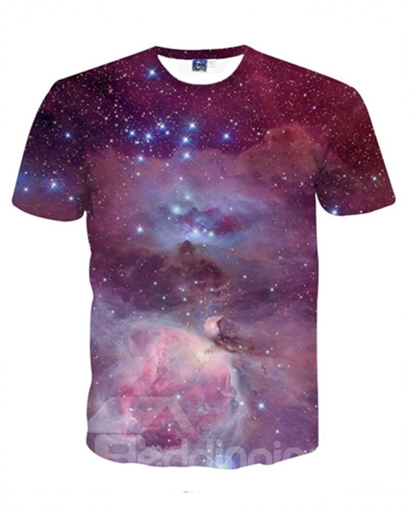 Camiseta pintada en 3D con cuello redondo de gran calidad de spandex con patrón de galaxia púrpura