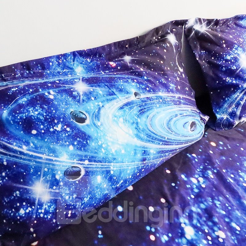 Juego de cama 3D Starry Universe Planet Galaxy de 4 piezas, color azul marino, funda nórdica con cremallera y lazos antideslizantes, microfibra suave y agradable para la piel