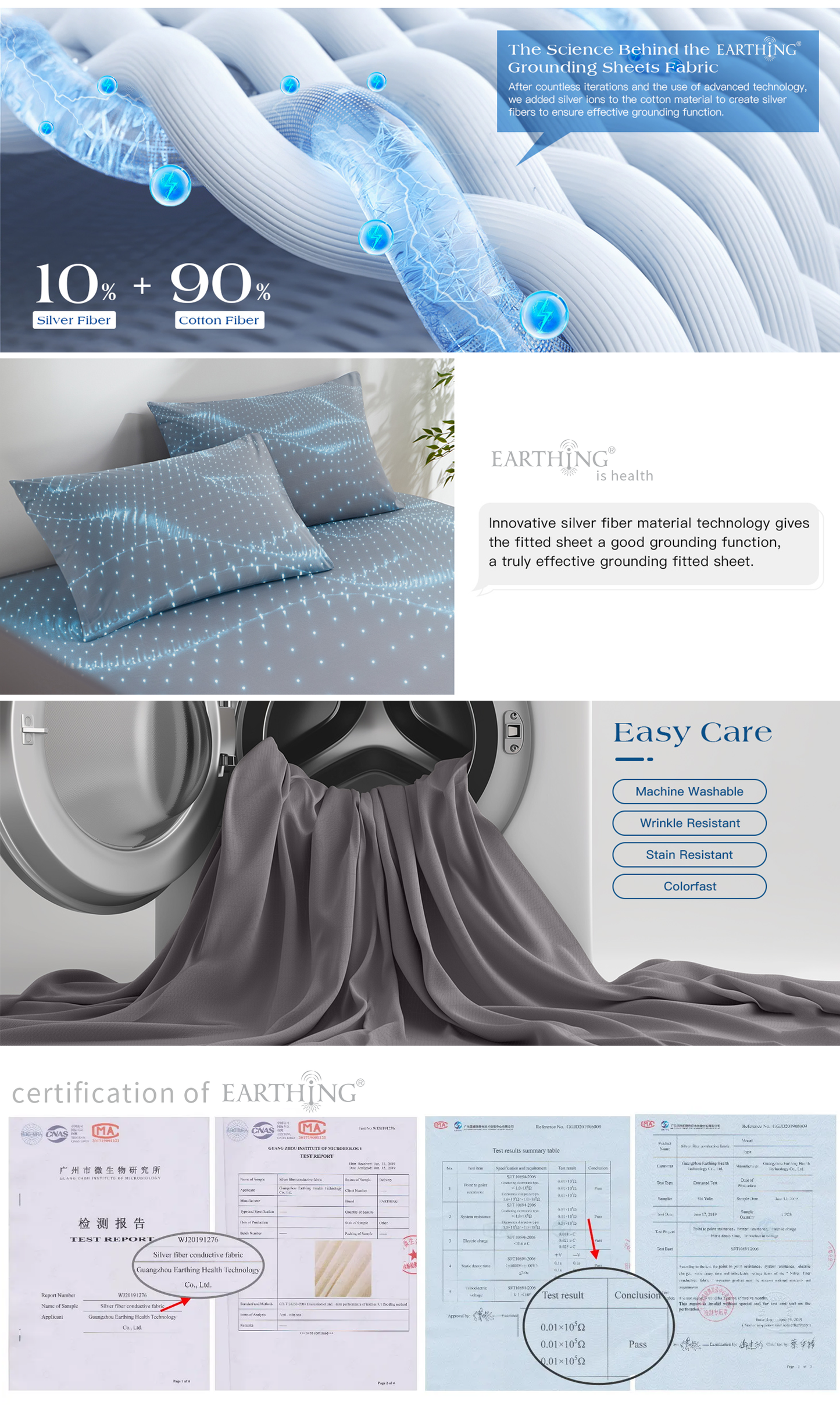 Grounding Fitted Sheet, 400 TC Cotton Conductive Sheet with Silver Fiber, Antimicrobial Healthy Bedding Set