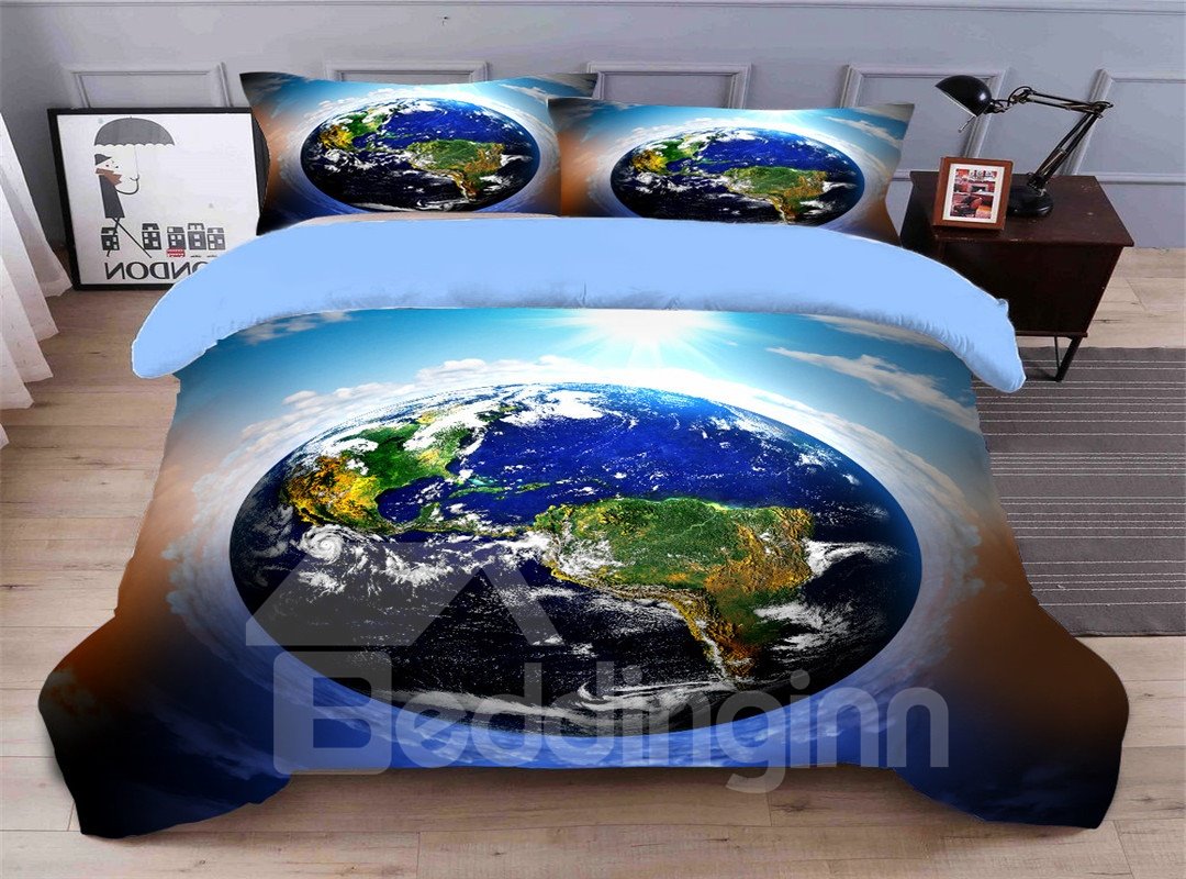 Fade Resistant And Hard-wearing Blue Earth Printed 4-Piece 3D Galaxy Bedding Sets/Duvet Covers