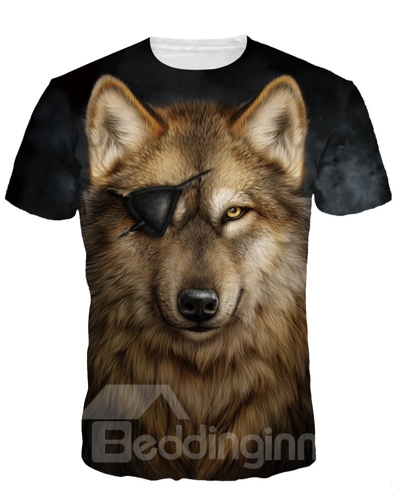 Cool Wolf with One Eye Short Sleeve Round Neck 3D Painted T-Shirt