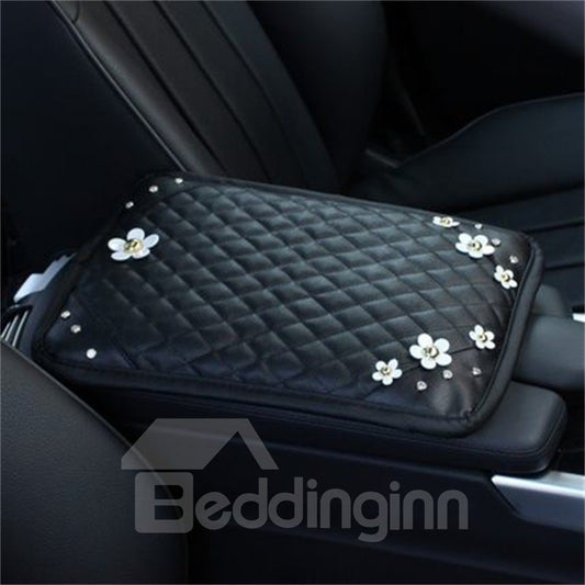 Practical Relaxing Studded Rhinestone And Artificial Flower Car Central Armrest Pad