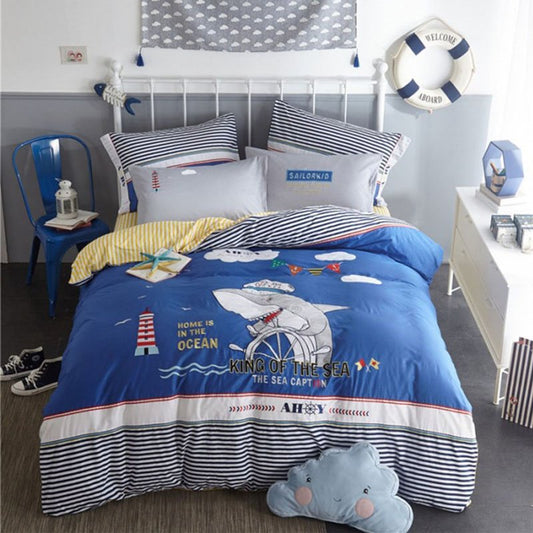 Juego de funda nórdica de 4 piezas, juegos de cama de algodón con tiburón azul, regalos para dormitorio de niños 