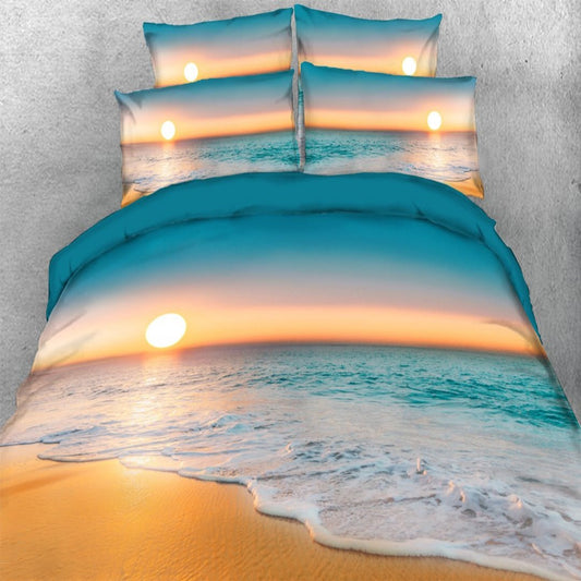 Coastal Beach Sunset 4-Piece Duvet Cover Set Microfiber with Flat Sheet 2 Pillowcases, Beach House Bedding
