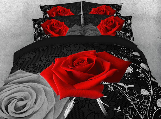 Romantische rote Rose 3D Langlebiges 4-teiliges Bettwäsche-Set, lichtecht, weicher Reaktivdruck, Bettbezug mit Reißverschluss und Bändern 