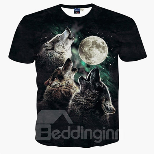 Cool Round Neck Wolf Moon Pattern 3D Painted T-Shirt