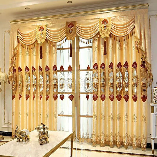 Luxury Floral Embroidery Hollowed-out Blackout Curtains for Living Room Custom 2 Panels Gold Drapes No Pilling No Fading No off-lining
