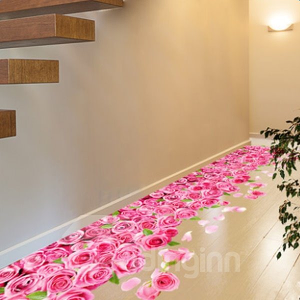 39 × 23 pulgadas, rosas rosadas y hojas verdes, pegatinas románticas de PVC para piso/pared 3D