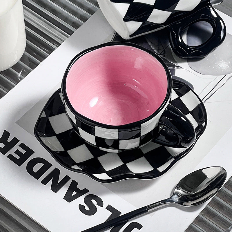 Checkered Tea Cup with Saucer 7 Oz, Ceramic Black and White Checkered Coffee Cup Saucer Set for Women