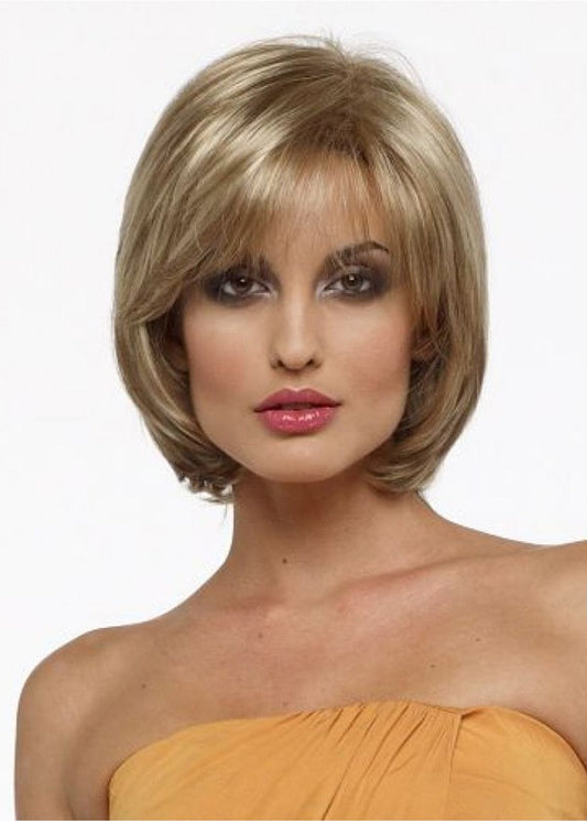 Women's Blonde Straight Bob Style Human Hair Wigs Capless Wigs With Bangs 10 Inches 120% Wigs