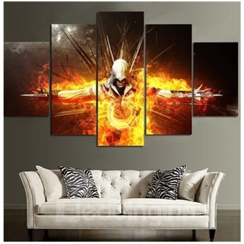 Warrior in Fire Printed Hanging 5-Piece Canvas Eco-friendly and Waterproof Non-framed Prints