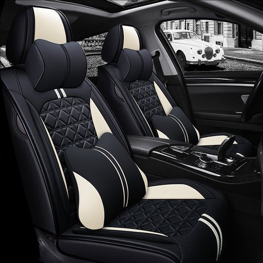 Leather Car Seat Covers, Faux Leatherette Automotive Vehicle Cushion Cover for 5 Passenger Cars & SUV Universal Fit Set for Auto Interior Accessories No Pillows (Front&Rear, Black&RED)