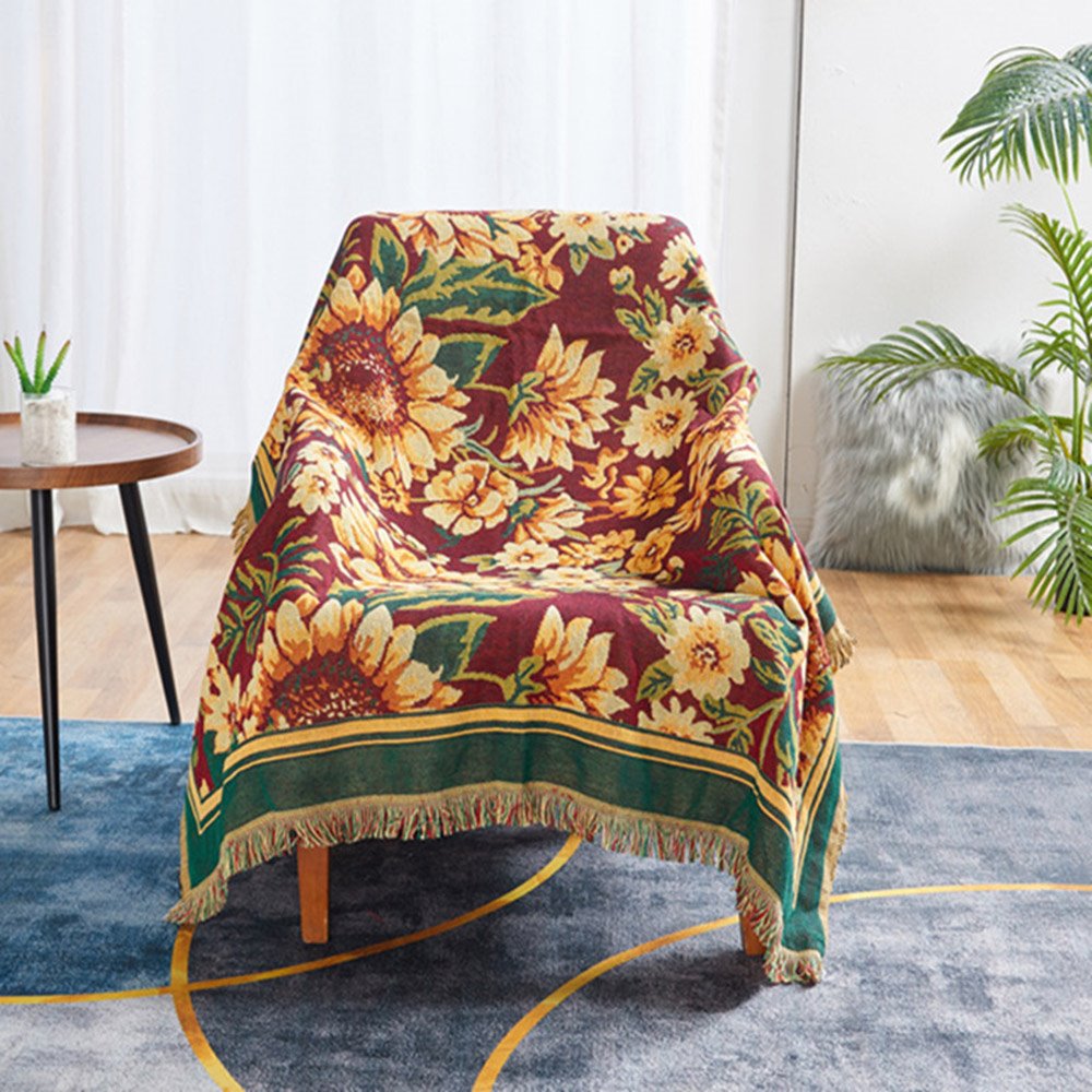 Sunflower Pattern Boho Sofa Couch Throw Blanket Slipcover Bed Recliner Chair Throws Sofa Cover Colorful Chenille Woven Bohemian Decor Large/Oversized