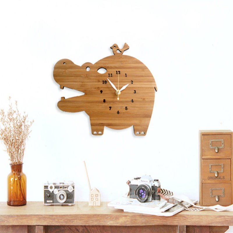 Reloj de pared decorativo con batería silenciosa, forma de hipopótamo, hecho a mano, de madera, Simple y moderno