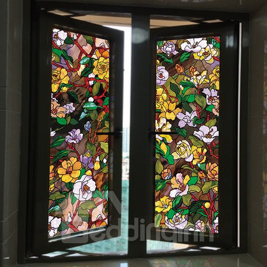 Película para ventana Dibujo de camelia floreciente Pegatina estática sin pegamento