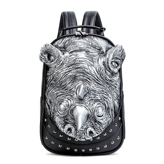 3D Rhinos Embossed Rivet Painted Backpack Waterproof PU Leather Handbag For Men&Women