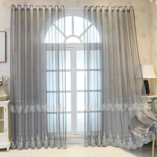 Embroidery Tulle Nail Bead Gray Luxury Sheer Curtains for Living Room Bedroom Decoration Custom 2 Panels Breathable Voile Drapes