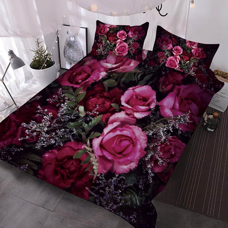 3D Romantic Roses 3Pcs Bedding Down Comforter Insert with 2 Pillow Cases Red and Pink Roses Among Babysbreath Printed Comforter Quilt Set Breeze Bedding Sets