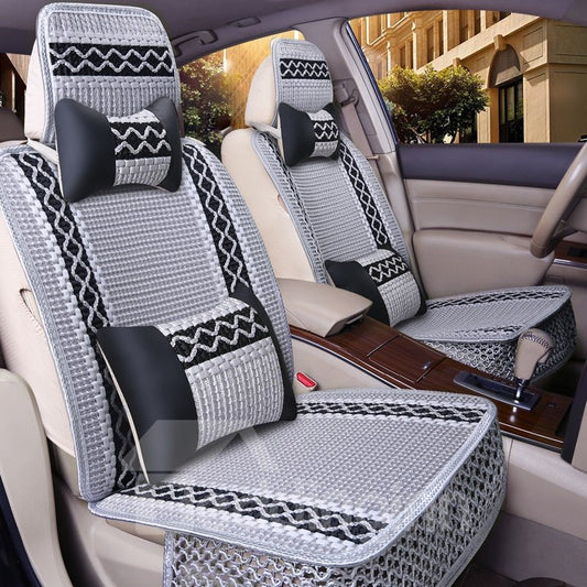 Ice Silk Summer Cool Skin Friendly Environmental Protection Durable Easy to Clean Up 5 Seats Universal Fit Seat Covers with Lumbar Pillow*2 Headrest Pillow*2