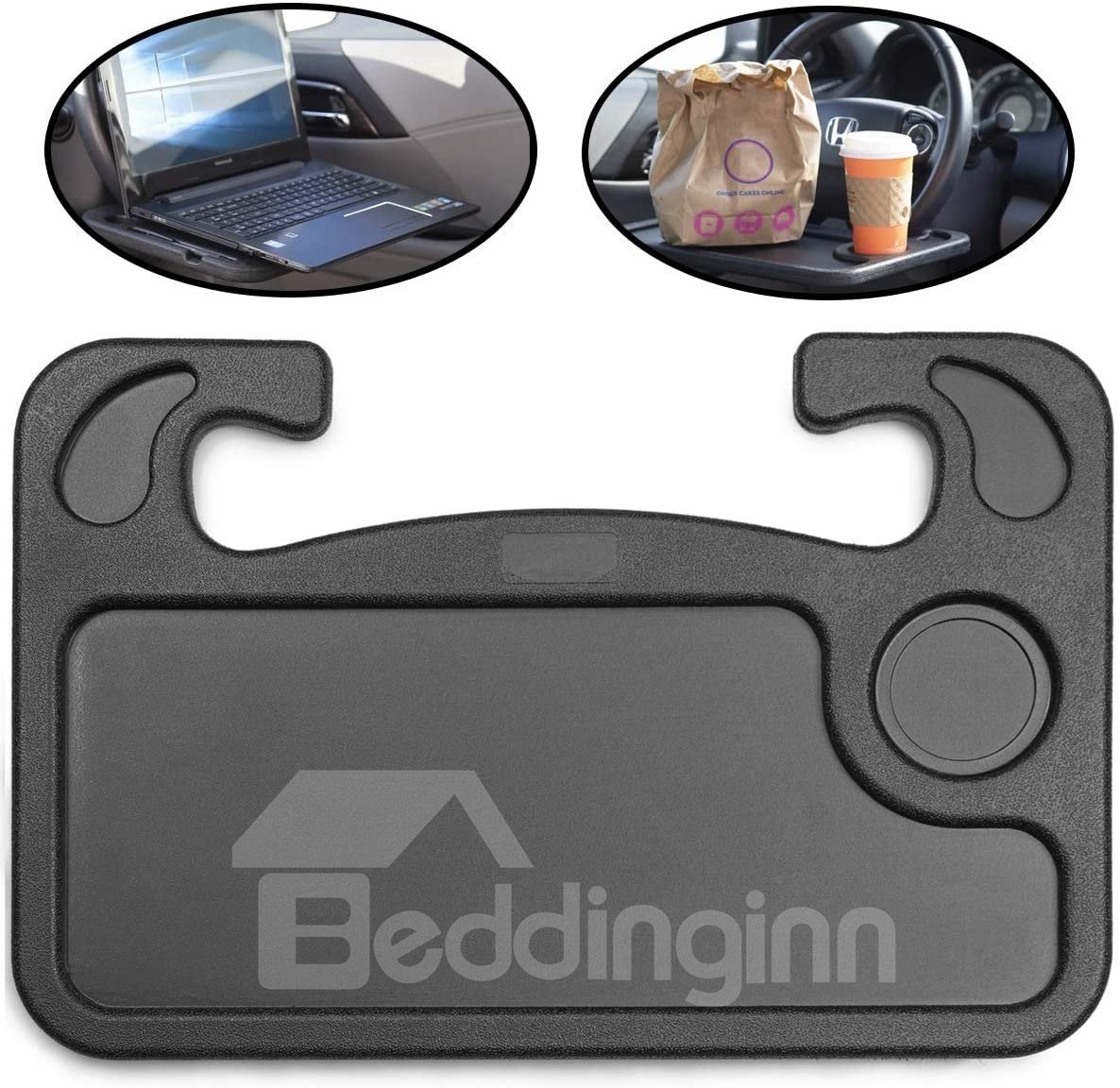 1 unidad de escritorio con volante, tableta portátil, iPad o portátil, mesa de viaje para coche, gancho para comer comida en la bandeja del volante para viajeros constantes, se adapta a la mayoría de los vehículos