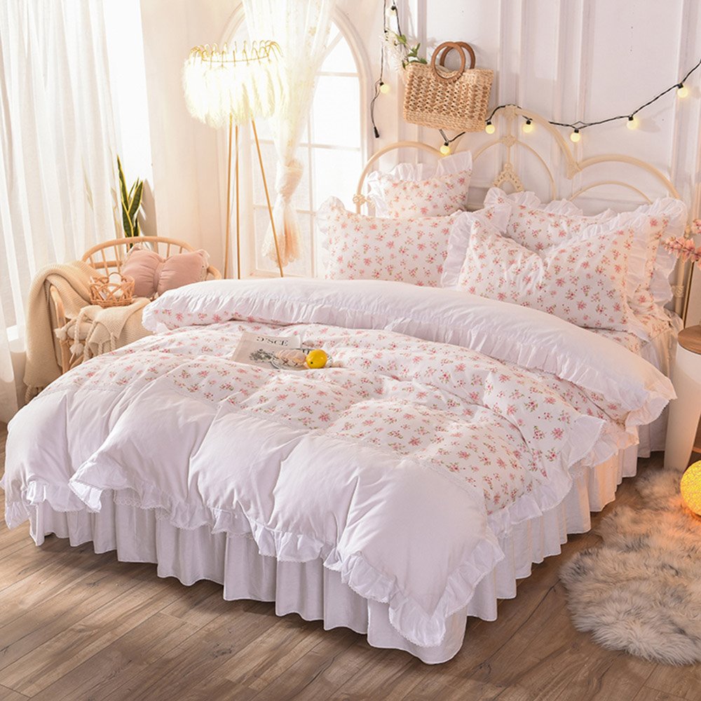 Shabby Pink Duvet Cover Set Rose Floral 4-Piece Bedding Set Collection Elegant Princess Lace Ruffle Quilt Bed Skirt Set for Girls Twin Full Queen King Size