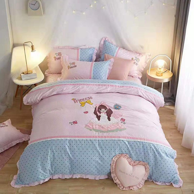 4 PCS Duvet Cover Set Pink Cute Cartoon Cotton Bedding Set Gifts for Girls Bedroom