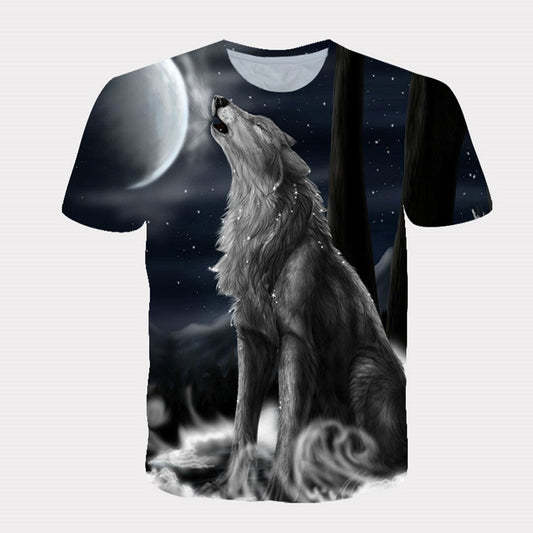 Herren-T-Shirt mit 3D-Druck, Wolf und Mond, Schwarz, kurzärmelig, eng anliegender Rundhalsausschnitt, schlank, mit bequemem, atmungsaktivem Stoff