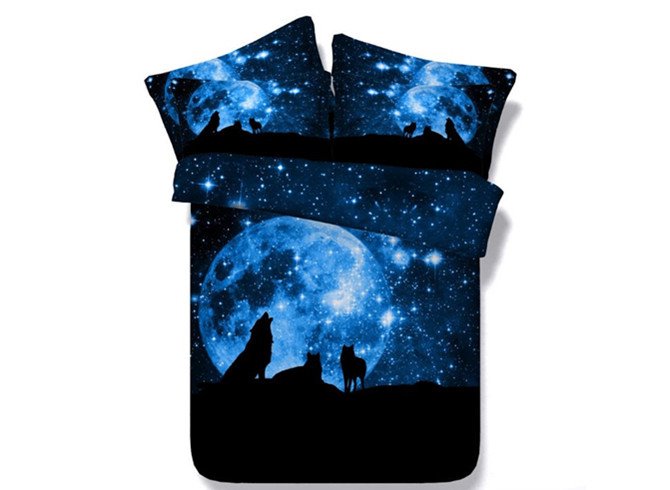 Bedrucktes 4-teiliges 3D-Bettwäscheset mit Wolf und Galaxie, blau, Bettbezüge mit Reißverschluss und Eckbändern, 1 Bettbezug, 1 Bettlaken, 2 Kissenbezüge