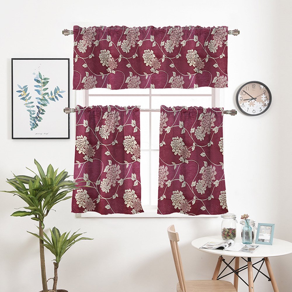 Cenefa de ventana floral de jacquard pastoral, cortina corta de 1 pieza para cocinas, baños, sótanos y más