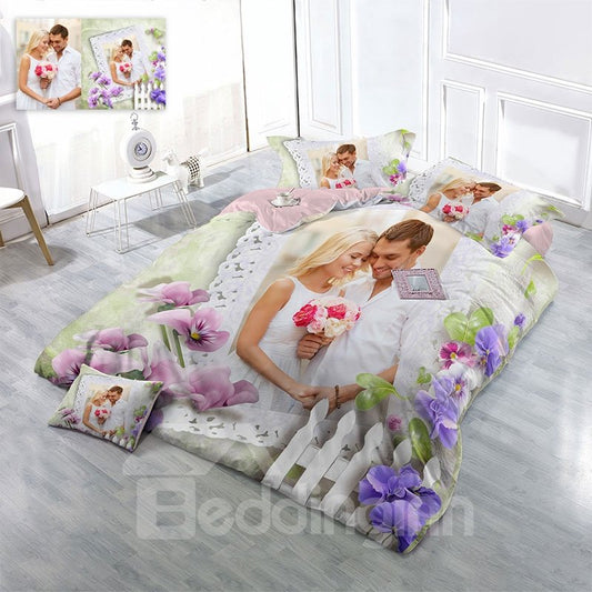 Imagen de feliz boda, diseño personalizado, resistente al desgaste, transpirable, alta calidad, algodón de los años 60, juegos de cama 3D de 4 piezas