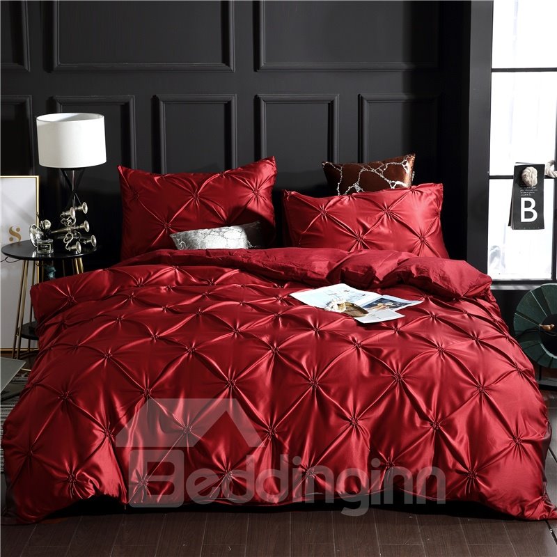 Juego de cama de 3 piezas de poliéster estilo plisado de lujo rojo/fundas nórdicas que no destiñen, resistentes al desgaste, soportables